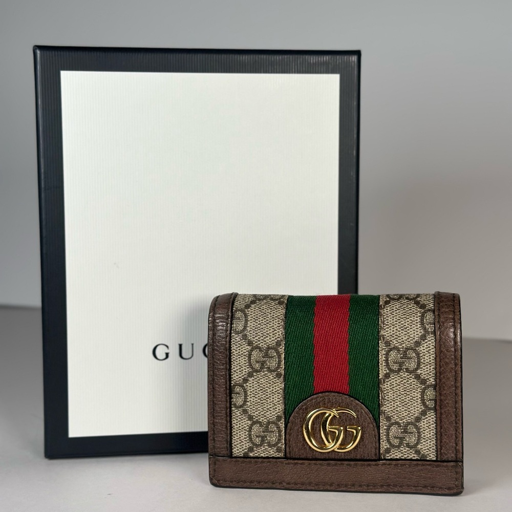 Authentic Gucci Brown GG Ophidia Compact Wallet Green and Red Web